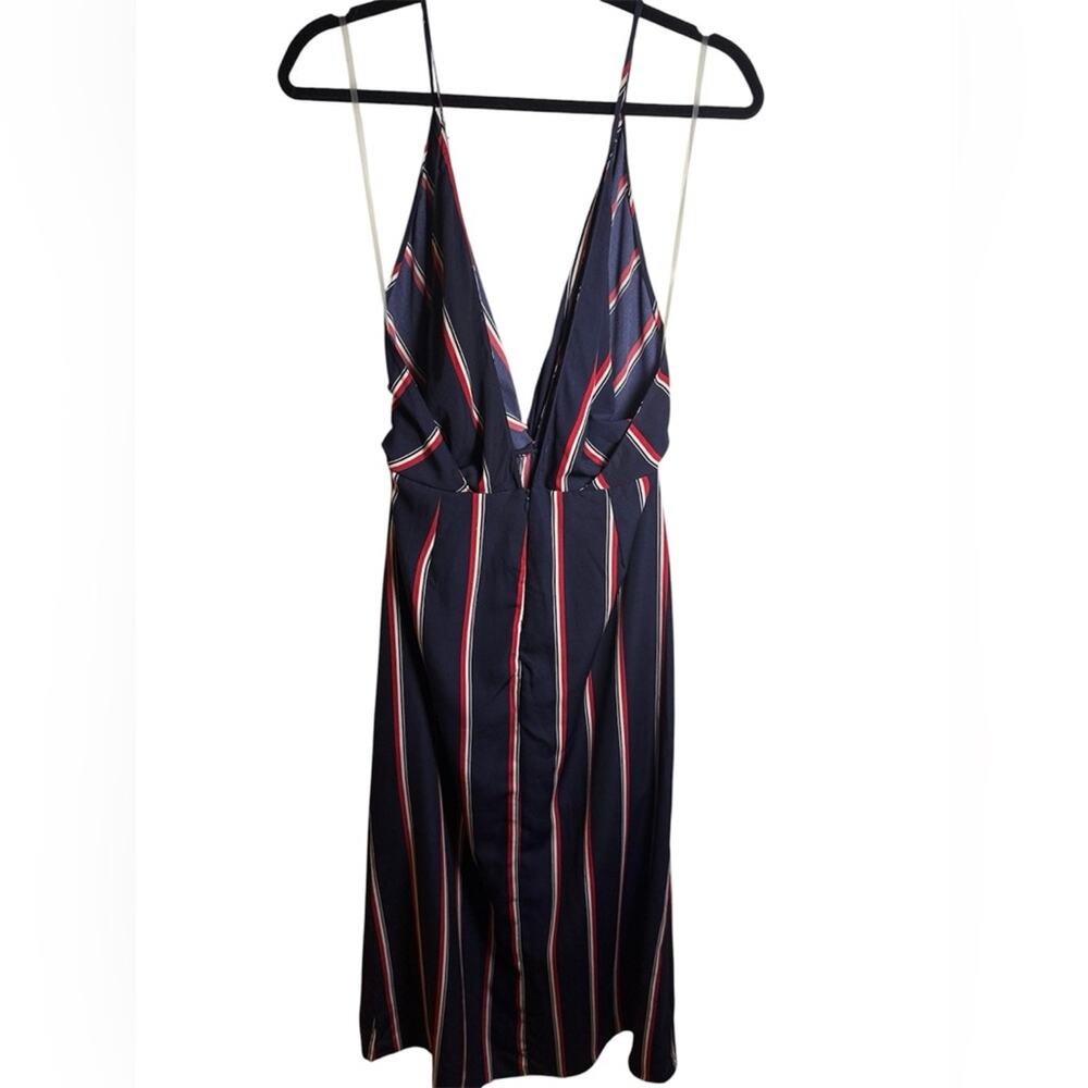 Striped Twist Front Midi Dress V Neck Flowy Summer Coastal Wedding Guest L - Picture 3 of 5